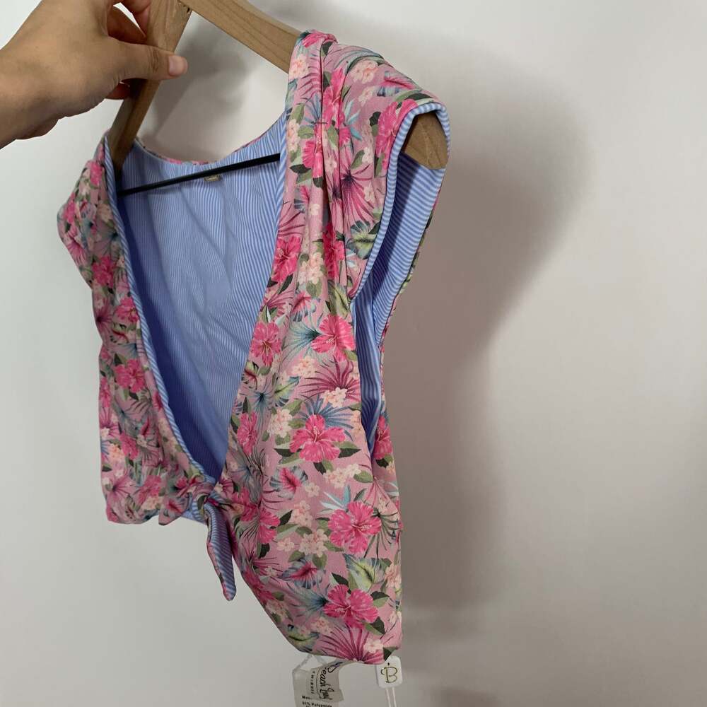 Beach Bunny Floral Tie-Front Reversible Swim Top Pink Floral Blue Stripe New XL - Picture 7 of 13